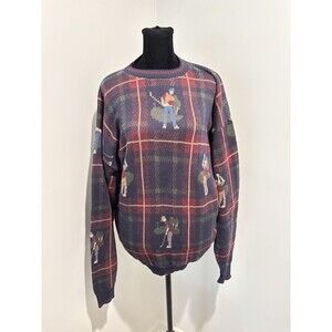 CROSSINGS Vintage Golfer Golf Blue Red Green Plaid Crewneck Sweater MEDIUM